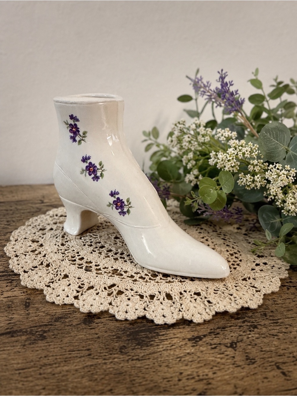 Vintage Victorian Boot Vase Planter | White Ceramic Floral Shoe Vase - Picture 2 of 5